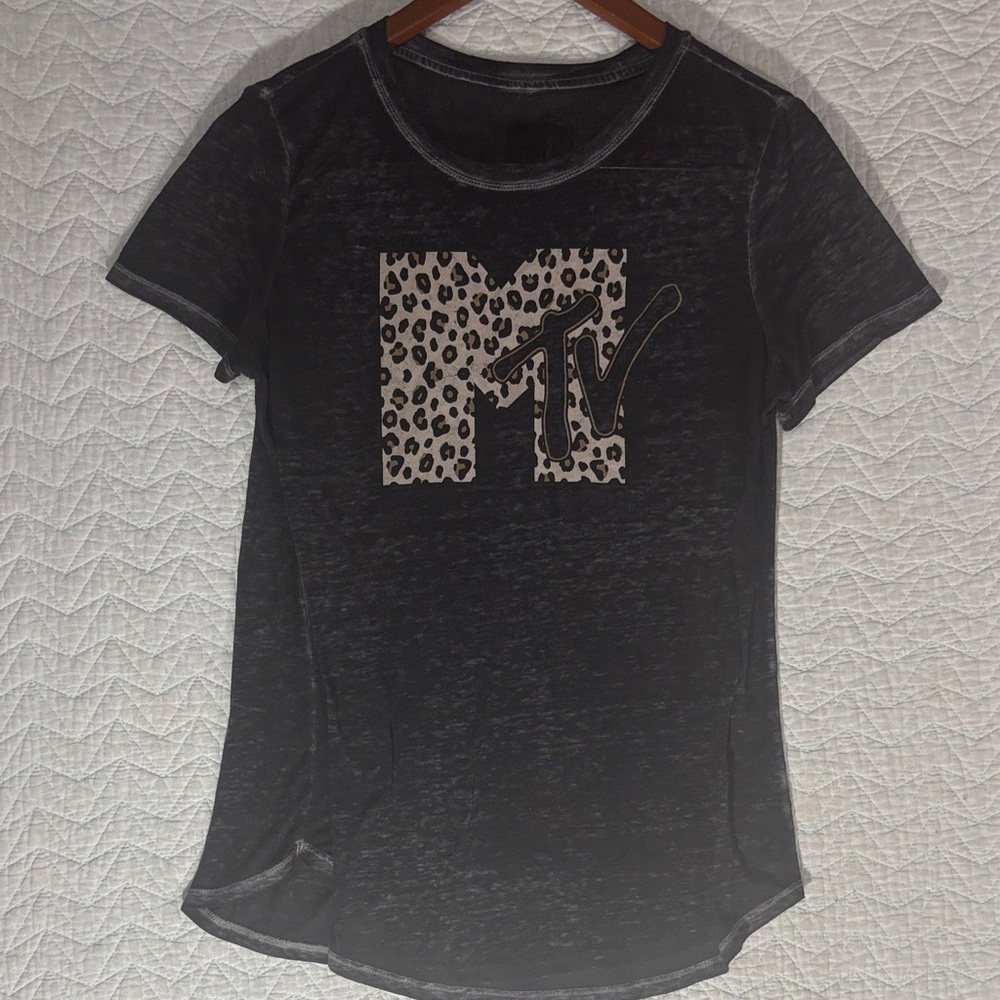MTV Black Short-Sleeve Tee with Leopard Logo